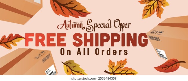 autumn leaves and shipping package. autumn special offer free shipping on all order web banner template vector illustration.