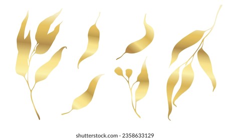 Autumn leaves silhouette with gold gradient. Eucalyptus branches with long leaves and seeds. Vector botanical designs elements collection on white background.