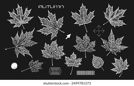 Silueta de hojas de otoño sellos de colección y herbario conjunto de plantas con efecto de fotocopia granulada. Grunge caída colección punteado. Vector grunge ilustración