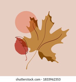 Autumn leaves simple composition. Falling maple leaf minimal art background. Seasonal illustration for creative design, fall concept illustration, social media stories wallpaper. Botanical vector