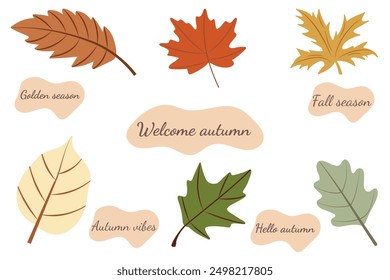 Hojas de otoño. Un sencillo juego de letras estacionales en las hojas. Conjunto de otoño de Elementos de diseño acogedores lindos dibujados a mano. Otoño, Acción de Gracias, Otoño.