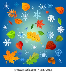 Autumn leaves with snowflakes background, can be use as banner or poster. Vector illustration. Design elements.