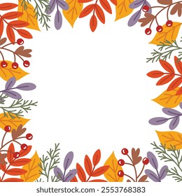 Autumn leaves square frame. Web banner template. Empty fall season design for banner or postcard. Flat style vector illustration