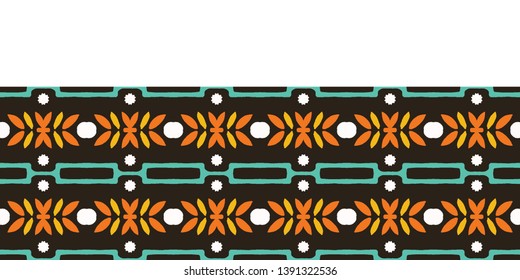 Autumn leaves stripes seamless border pattern. Stylized retro floral stems ribbon trim. 1960s fall autumn fashion edging. Trendy scrapbook banner, nature washi masking tape, vintage garden stationery.