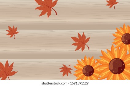 Autumn leaves and sunflowers over wood design, season nature ornament garden decoration and botany theme Vector illustration