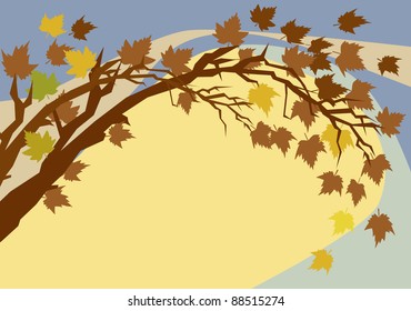 autumn leaves swirling in the blue and yellow background for text
