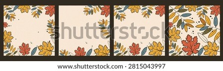 Autumn leaves template set. Four square vector backgrounds in a hand-drawn sketchy style with colorful fall foliage, retro texture, and copyspace. Perfect for Thanksgiving social media posts.
