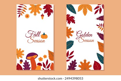 Autumn leaves templates with text for socila media. Foliage banners with botanical fall doodles and stickers. Golden cozy season. Vector background, cover, card, poster.