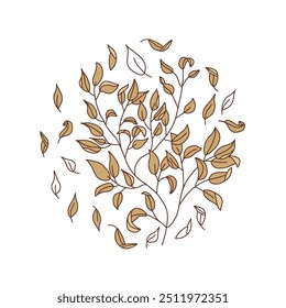 Autumn leaves and tree branch round emblem isolated on white background. Vector illustration