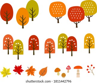 Autumn leaves and trees icon set (hand drawn)