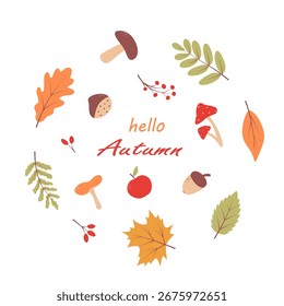 Herbstblätter von Bäumen, Vektorgrafik von Herbstelementen. Herbst Hintergrund, die Inschrift Hallo Herbst. Flacher Stil.