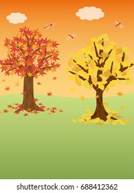 Autumn leaves trees vector illustration. maple tree, ginkgo tree