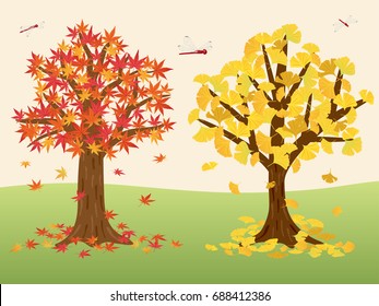 Autumn leaves trees vector illustration. maple tree, ginkgo tree