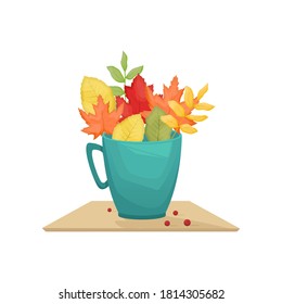 Autumn leaves in a turquoise circle. Autumn still life in flat style.