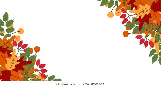Autumn leaves and twigs Top and Bottom corner Frame border Banner Promo Seasonal Copy space Template