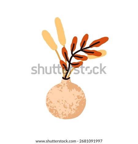 Autumn leaves in vase. Dried leaf branches, fall plant bouquet in ceramic pot. Cozy seasonal home decoration, decorative foliage, natural decor. Flat vector illustration isolated on white background