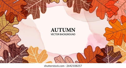 Autumn Leaves Vector Background. Autumn Oak Leaf Background Design. Hand Drawn Abstract Botanical Template with Oak Leaves for Banner, Home Decoration, Design, Social Media. Not AI