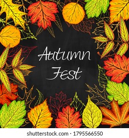 Autumn leaves vector banner on blackboard. Hand drawn fall frame or wreath illustration. Autumn leaves banner or background template. Square seasonal poster, voucher, offer, coupon, flyer template.