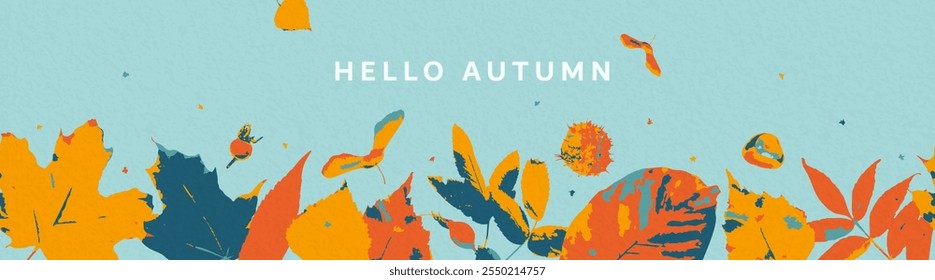 El otoño deja el fondo del borde del Vector. Hojas de otoño, bayas de rosa mosqueta, castaño sobre fondo azul del cielo. Hola Anuncio de otoño con efecto texturizado en estilo retro grunge.