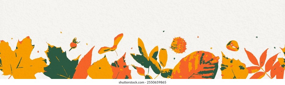 El otoño deja el fondo del borde del Vector. Hojas de otoño, bayas de rosa mosqueta, castaño sobre fondo claro. Anuncio de otoño sin costuras con efecto texturizado en estilo retro grunge.