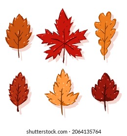 Autumn leaves vector cartoon set isolated on white background.