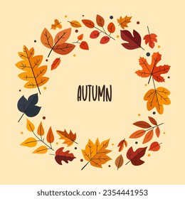 Autumn leaves. Vector circular pattern. Autumn forest background for printing postcards, greetings, notebooks, stickers, posters. Autumn season. Autumn vibes