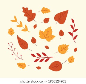 Autumn leaves vector collection. Hand-drawn season. Forest items for design. Autumn orange, yellow and red set. Elements of nature.