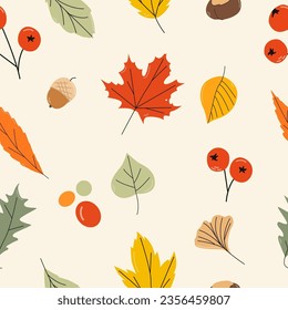Autumn leaves. Vector fall seamless pattern. Autumn forest background for fabric, wallpaper and wrapping paper. rowan, chestnut, leaves, acorn.. Autumn vibes