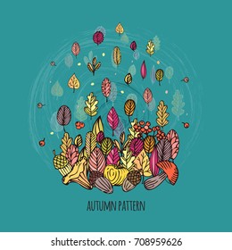 Autumn leaves. Vector hand drawn card. Fall season. Wind weather