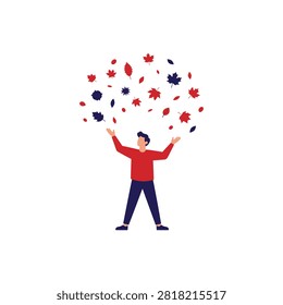 Autumn leaves vector illustration featuring a happy man enjoying fall season with colorful foliage falling from above isolated on white background for seasonal marketing campaign and festive creative design projects