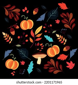 Hojas otoñales, ilustración vectorial en un fondo negro. Diseño con calabaza, amarillo, naranja, rojo, azul, hojas de otoño, temas de otoño ilustración botánica