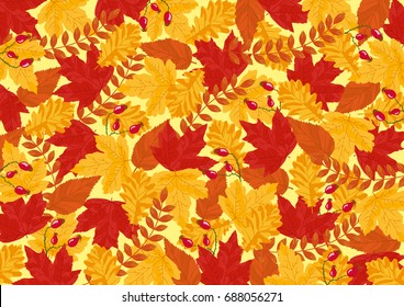 Autumn Leaves Vector Rectangle Background - Leaves and Wild rose buds