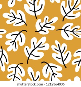 Autumn leaves vector seamless pattern. Oak leaf seaonal background white, black, and gold for textile, digital paper, wallpaper, web banner, invitation, Thanksgiving, page fill, card, packaging