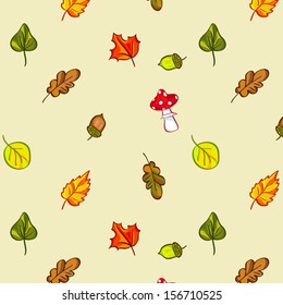 Autumn leaves - vector seamless pattern with small leaves, oaks, mushrooms
