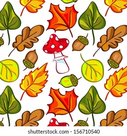 Autumn leaves - vector seamless pattern with leaves, oaks, mushrooms