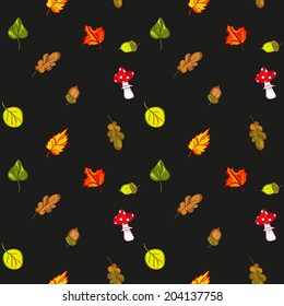 Autumn leaves - vector seamless pattern with leaves, oaks, mushrooms on black