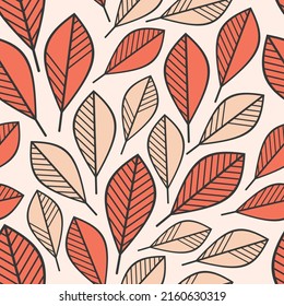 Autumn leaves vector seamless pattern. Geometric contour leaf background. Graphic abstract floral illustration. Wallpaper, backdrop, fabric, textile, clothes print, wrapping paper or package design