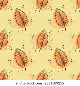 El otoño deja un patrón sin fisuras vectorial. Esbozo dibujado a mano negra de hojas sobre formas abstractas de colores naranja y beige. Mejor para textiles, papel pintado, papel de envoltura, paquete y decoración doméstica.