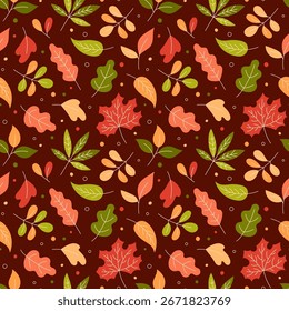 Folhas de outono vetor padrão sem emenda. Fundo de folha de outono. Plana e rabiscar elementos sazonais. Padrão botânico colorido desenhado à mão. Amarelo, verde e vermelho em marrom.