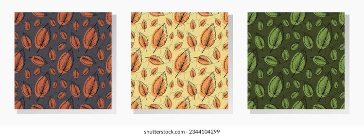 El otoño deja la colección de patrones sin costura vectorial. Esbozo dibujado a mano de hojas sobre formas abstractas de colores naranja y beige.