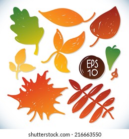 Autumn leaves, vector set. Doodle style
