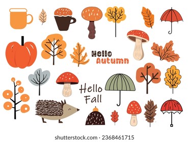 Autumn leaves vector set .Fall elements vector illustration. Pumpkin,umbrella,mushrooms,mapple leaves vector isolate white background  for  greeting card, poster banner,scrapbook design