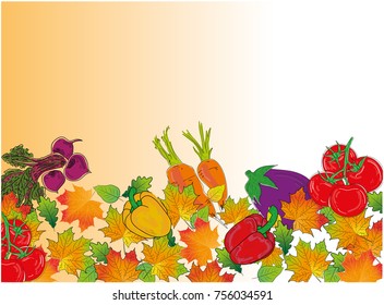 Autumn leaves and vegetables on the background. autumn theme for the design of texts, postcards. vector illustration.