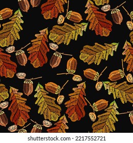 Autumn leaves, vintage seamless pattern. Embroidery art. Acorns, wild forest. Fashionable template for design of clothes, t-shirt design