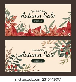 Autumn leaves watercolor banner sale for fall season celebration