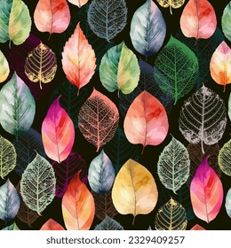 Autumn leaves watercolor seamless pattern on a black background. Vector illustration
