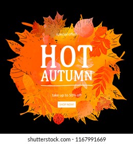 Autumn leaves. Watercolor texture. Fall leaf. Sale lettering design. Vector illustration EPS10