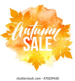 Autumn leaves. Watercolor texture. Fall leaf. Sale lettering design. Vector illustration EPS10