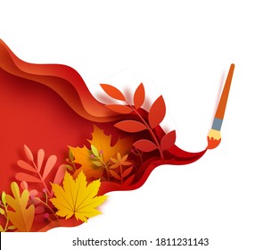 Autumn Leaves Wavy Background In Paper Cut Style. Cut Out 3d Wallpaper With Creative Brush Stroke Layered Papercut Art. Vector Card With Paintbrush Draw And Origami Red Orange Yellow Leaves.