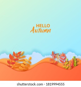 Autumn leaves wavy background in paper cut style. Vector 3d illustration of different color leaf, with realistic shadow. Cut out of cardboards elements, decoration of autumn holiday on blue background